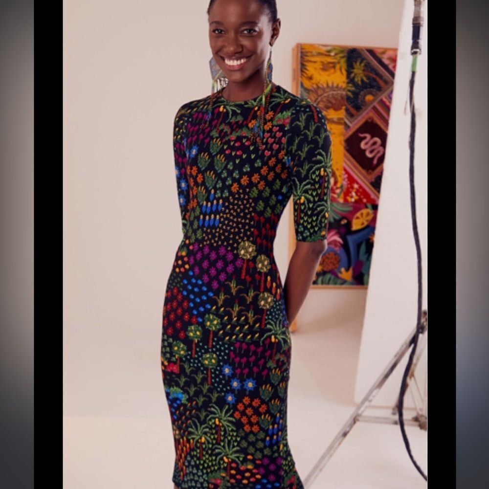Farm Rio Black Fruit Garden Jersey Midi Dress
